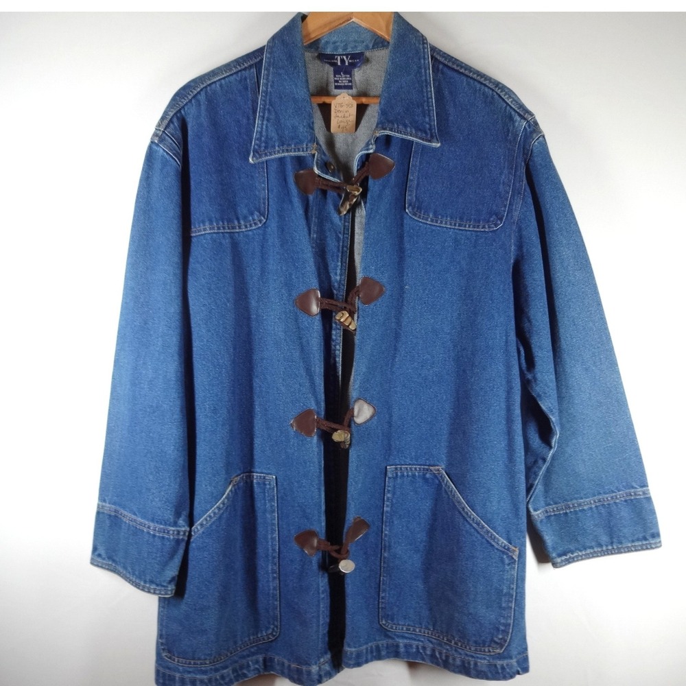 VTG 90s Original TY Wear Denim Chore Jacket Women Large Blue Toggle Coat Utility
